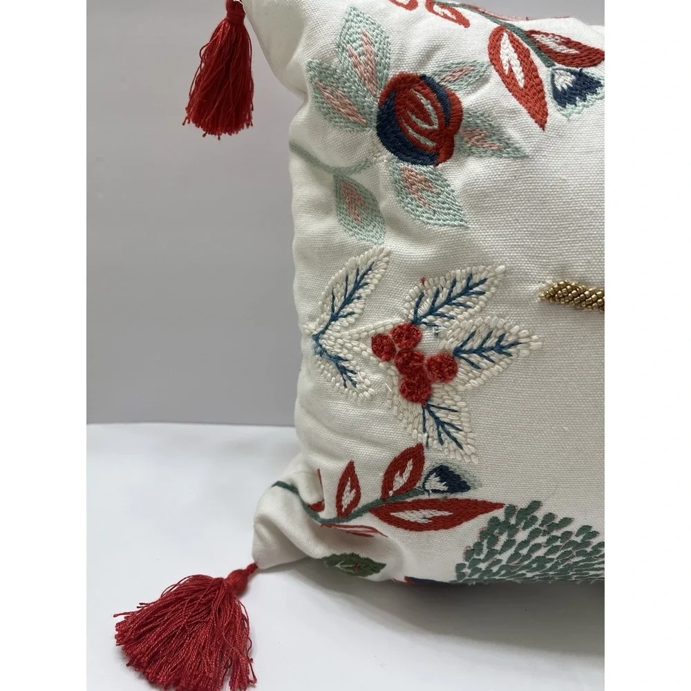 Christmas Throw Pillow Joy Beaded Embroidery White Gold Green Red Tassels 17x9.5